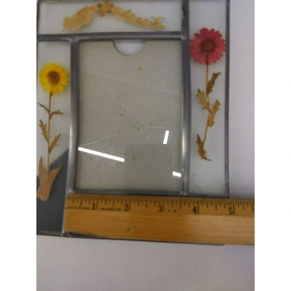 Vintage Stained Glass Picture Frame Clear Pressed Dried Flowers Leaded Metal
